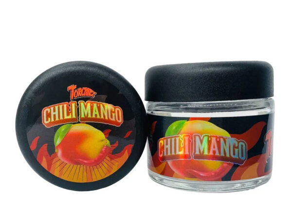 Chille Mango  g Glass Jars with Holographic Sticker labels Child Resistant jar jpg