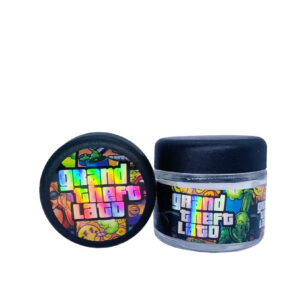 Grand Theft Lato  g Glass Jars with Holographic Sticker labels Child Resistant jar jpg