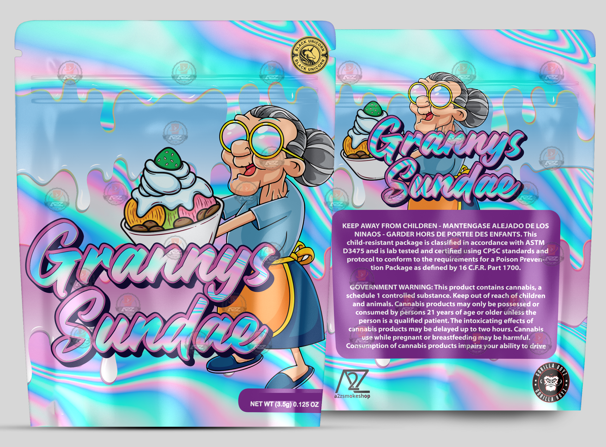 Granny’s Sundae Holographic Mylar bag 3.5g – Black Unicorn – Packaging only