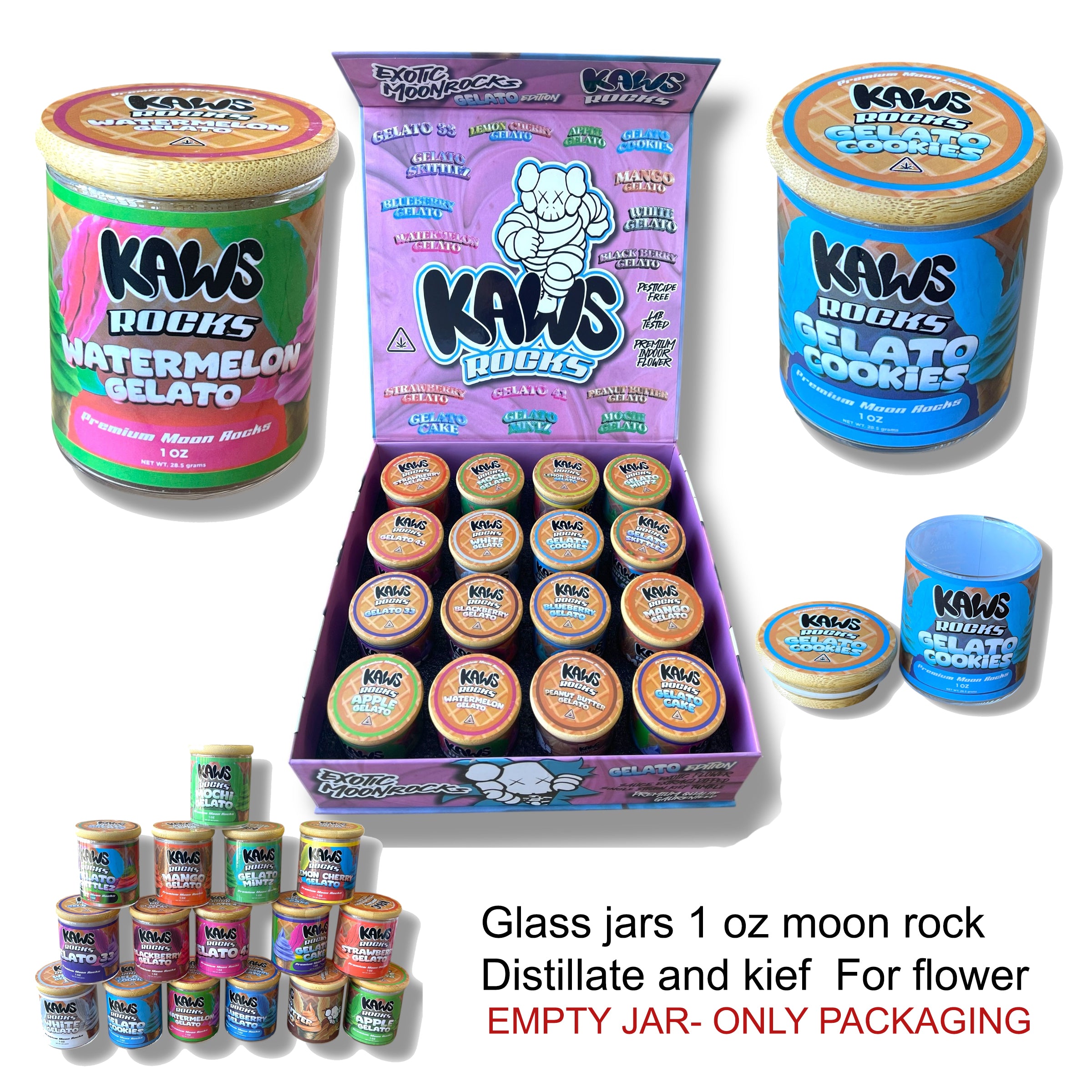 Kawz Moon Rocks Gelato Edition 1oz Glass Jars – Varity Pack 16 Strains in box