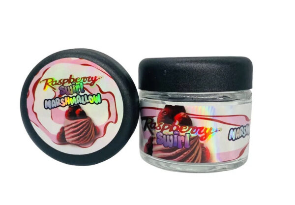 Rasprberry Swirl Marshmallow  g Glass Jars with Holographic Sticker labels Child Resistant jar jpg