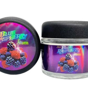 Sour Blue Raspberry Storm  g Glass Jars with Holographic Sticker labels Child Resistant jar jpg