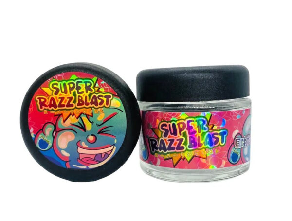 Super Razz Blast  g Glass Jars with Holographic Sticker labels Child Resistant jar jpg