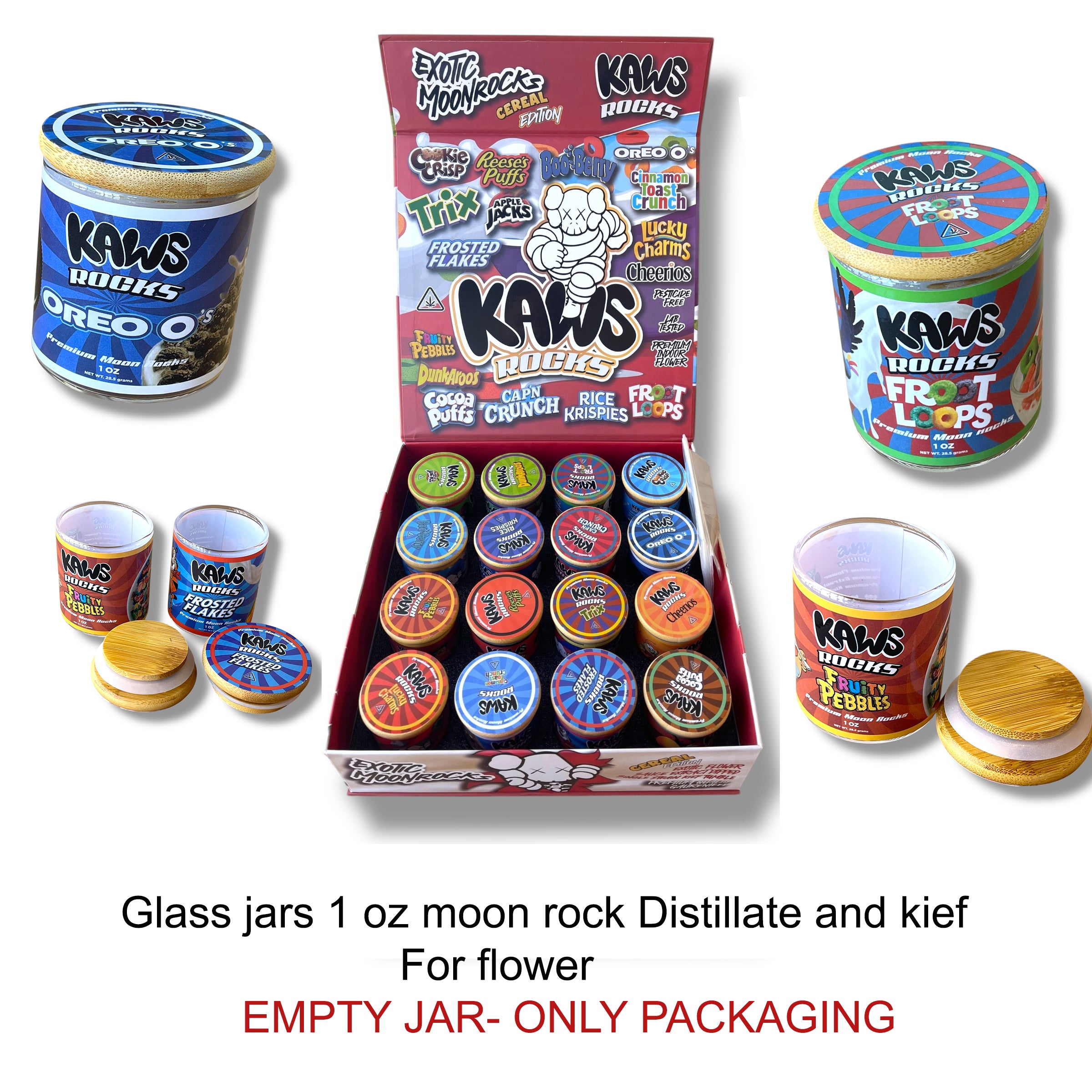 Kawz Moon Rocks Cereal Edition 1oz Glass Jars – Varity Pack 16 Strains in box