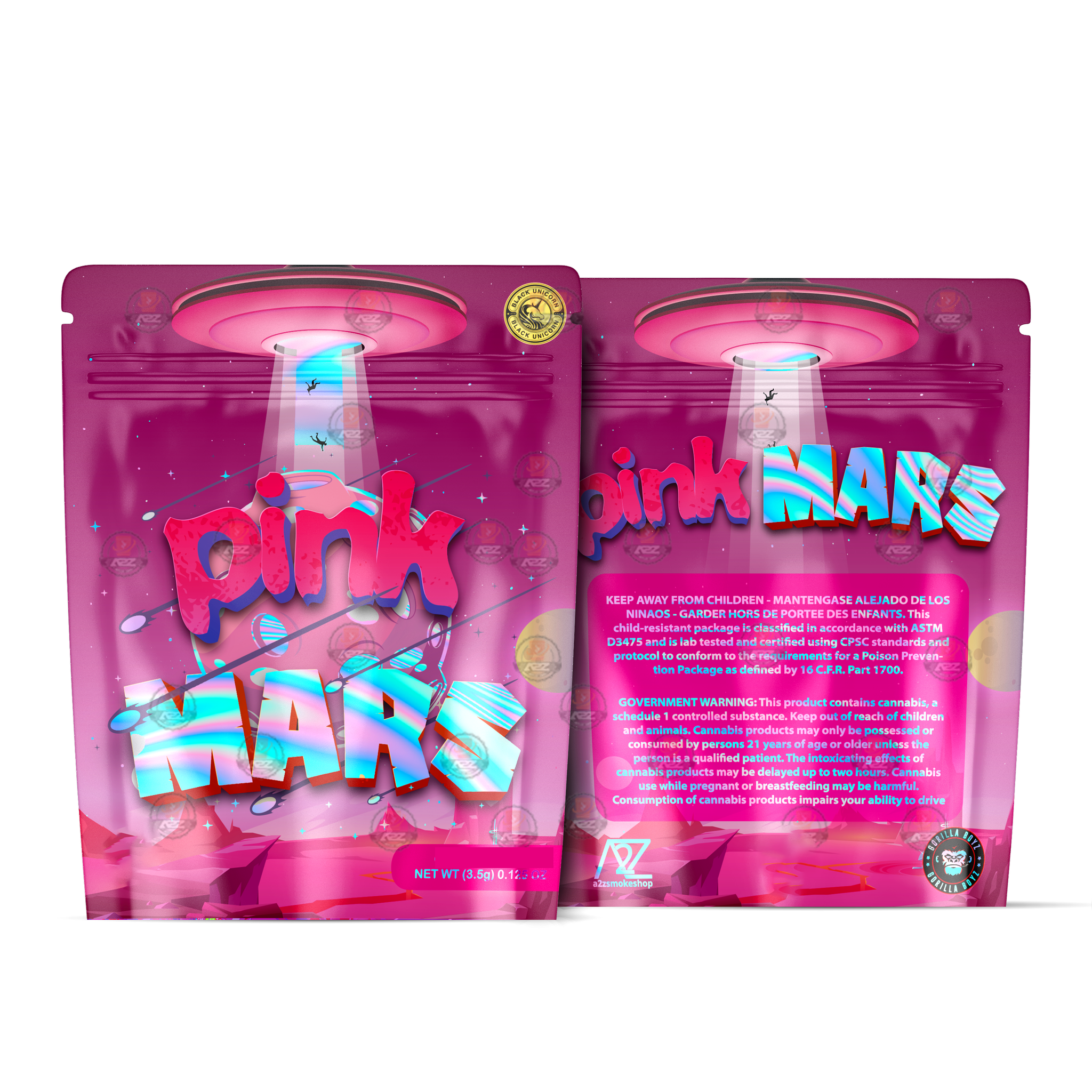 Pink Mars Holographic Mylar bag 3.5g – For Flower- Black Unicorn
