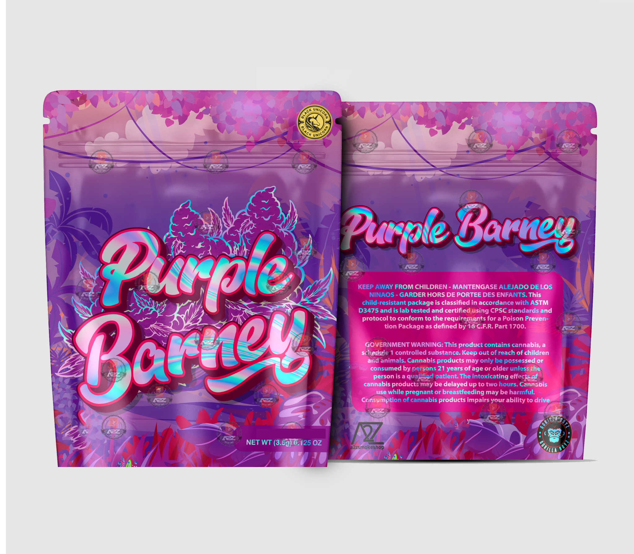 Purple Barney Holographic Mylar bag 3.5g – For Flower- Black Unicorn