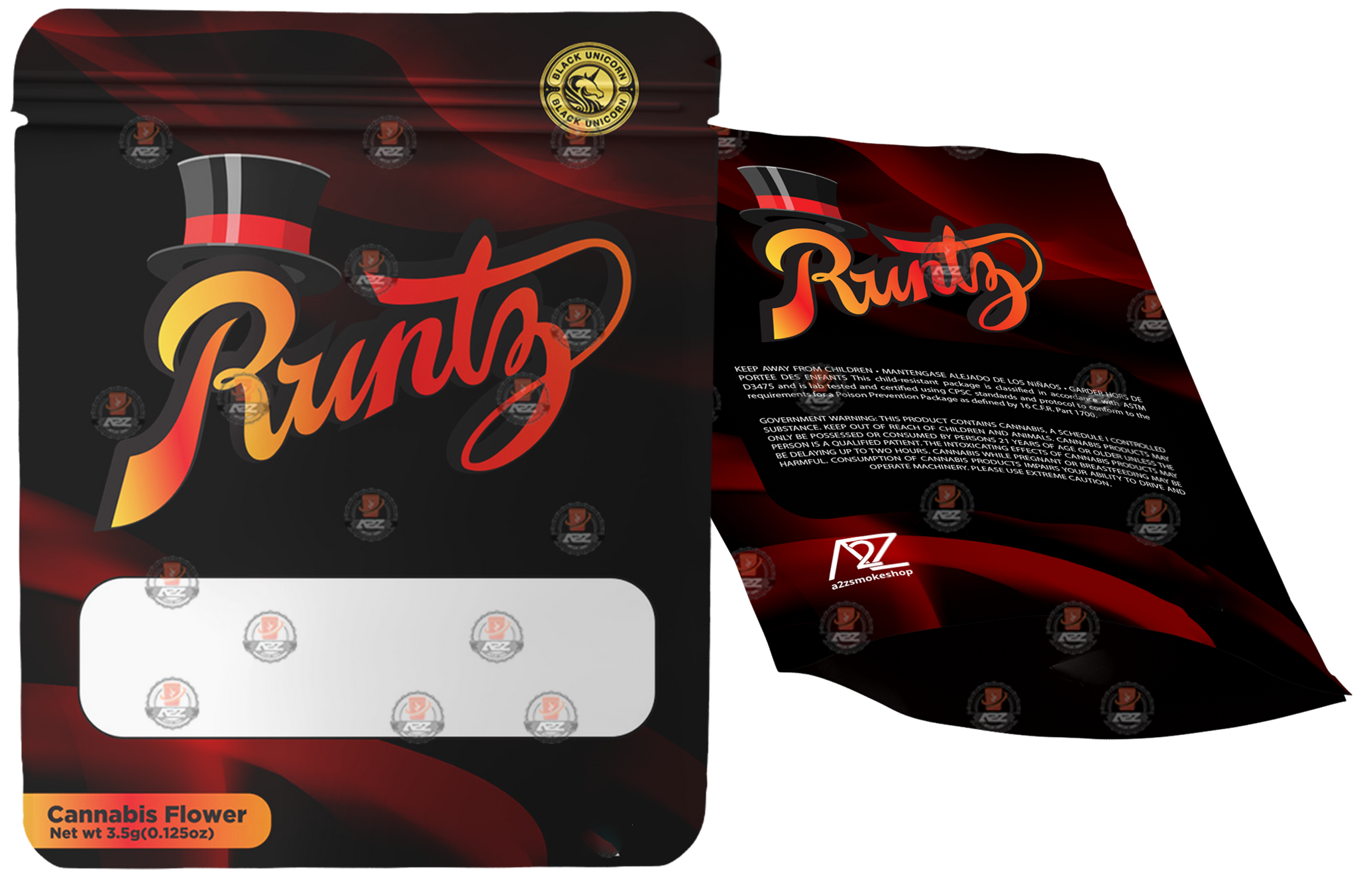 Black Unicorn Runtz Mylar bag with Window 3.5G