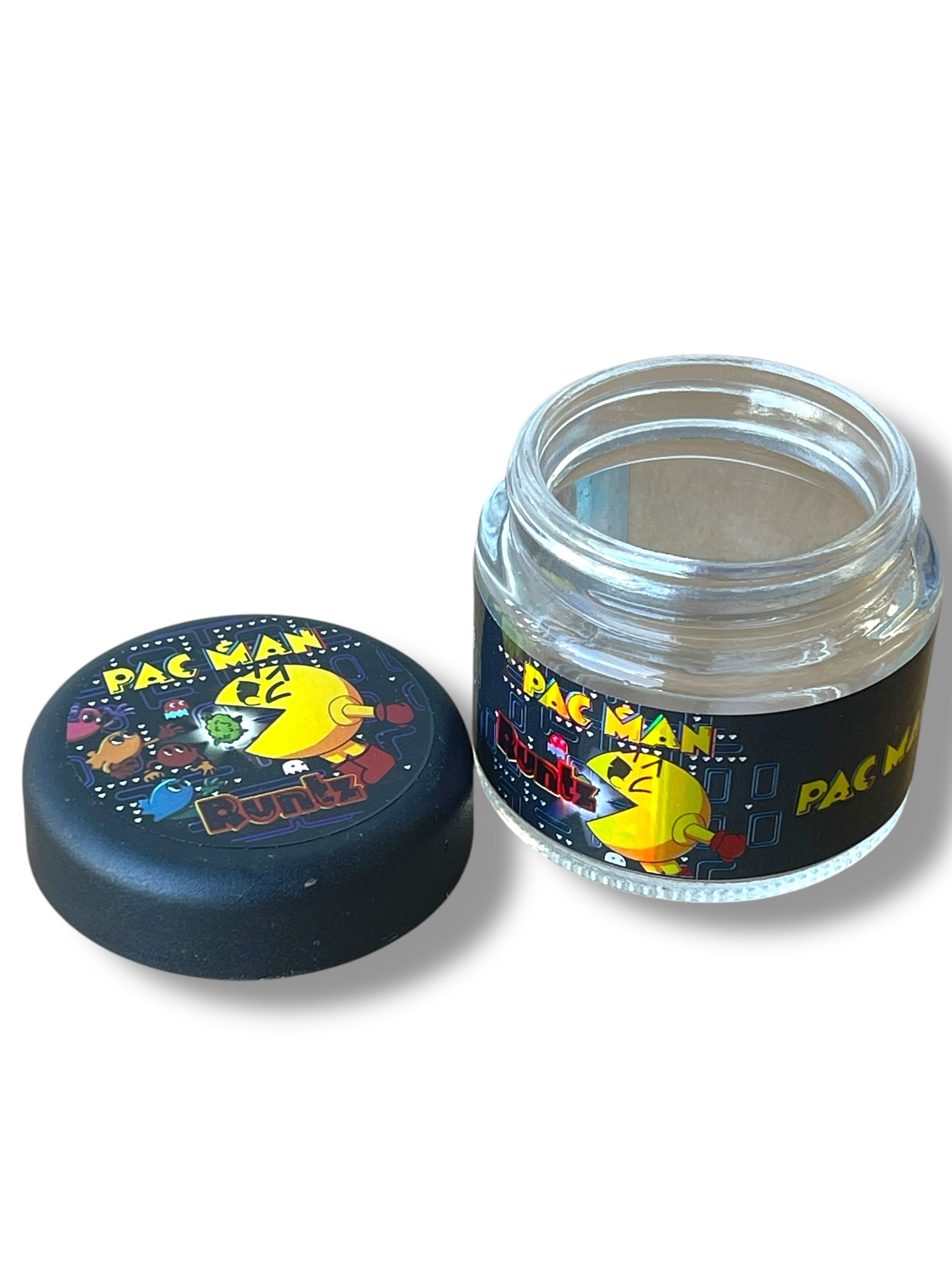 Pack Man Runtz 3.5g Glass Jars with Holographic Stickers Child Resistant jar