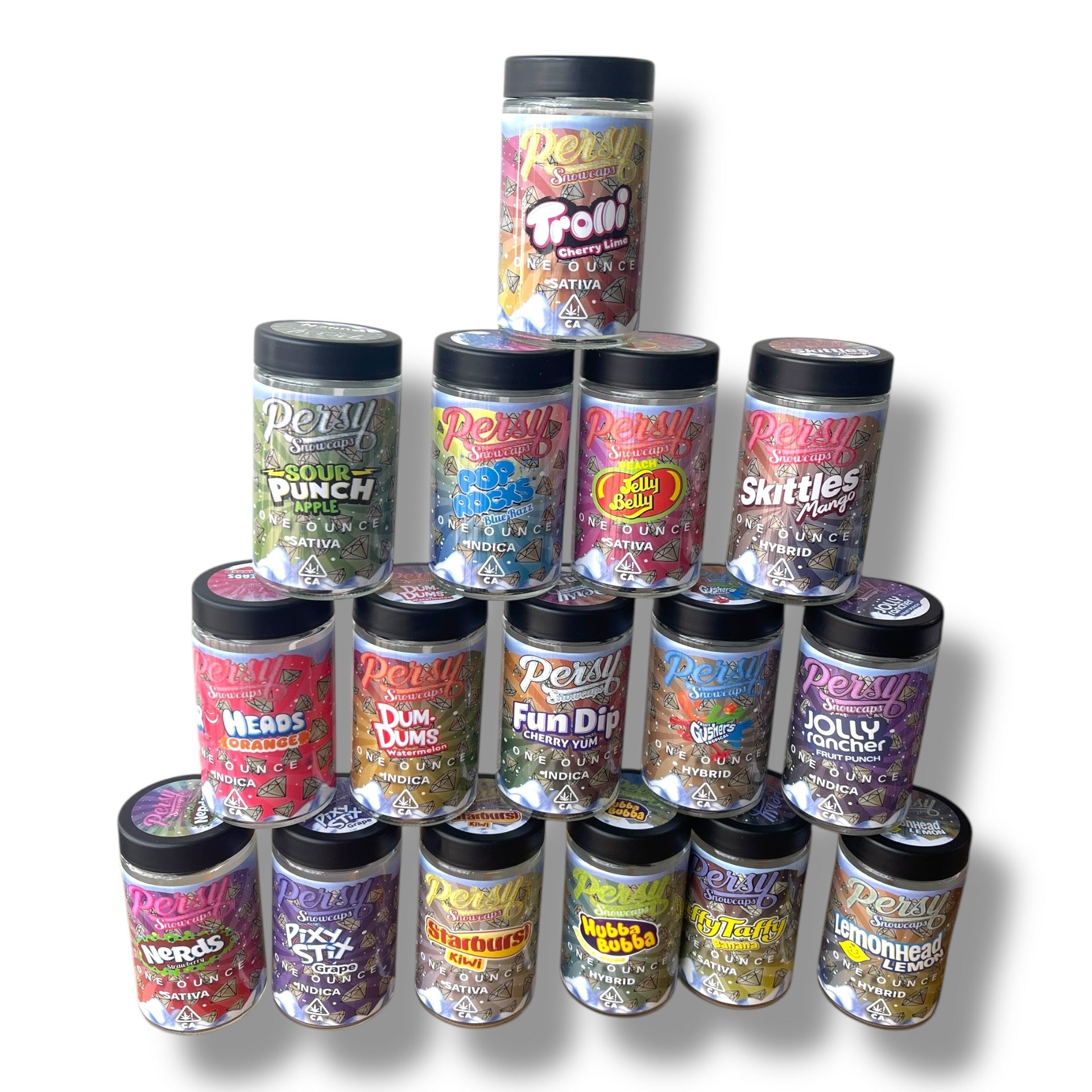 Persy Snowcaps Candy Edition 16-1oz Glass Jars – Varity Pack 16 Flavors in box 1 pound