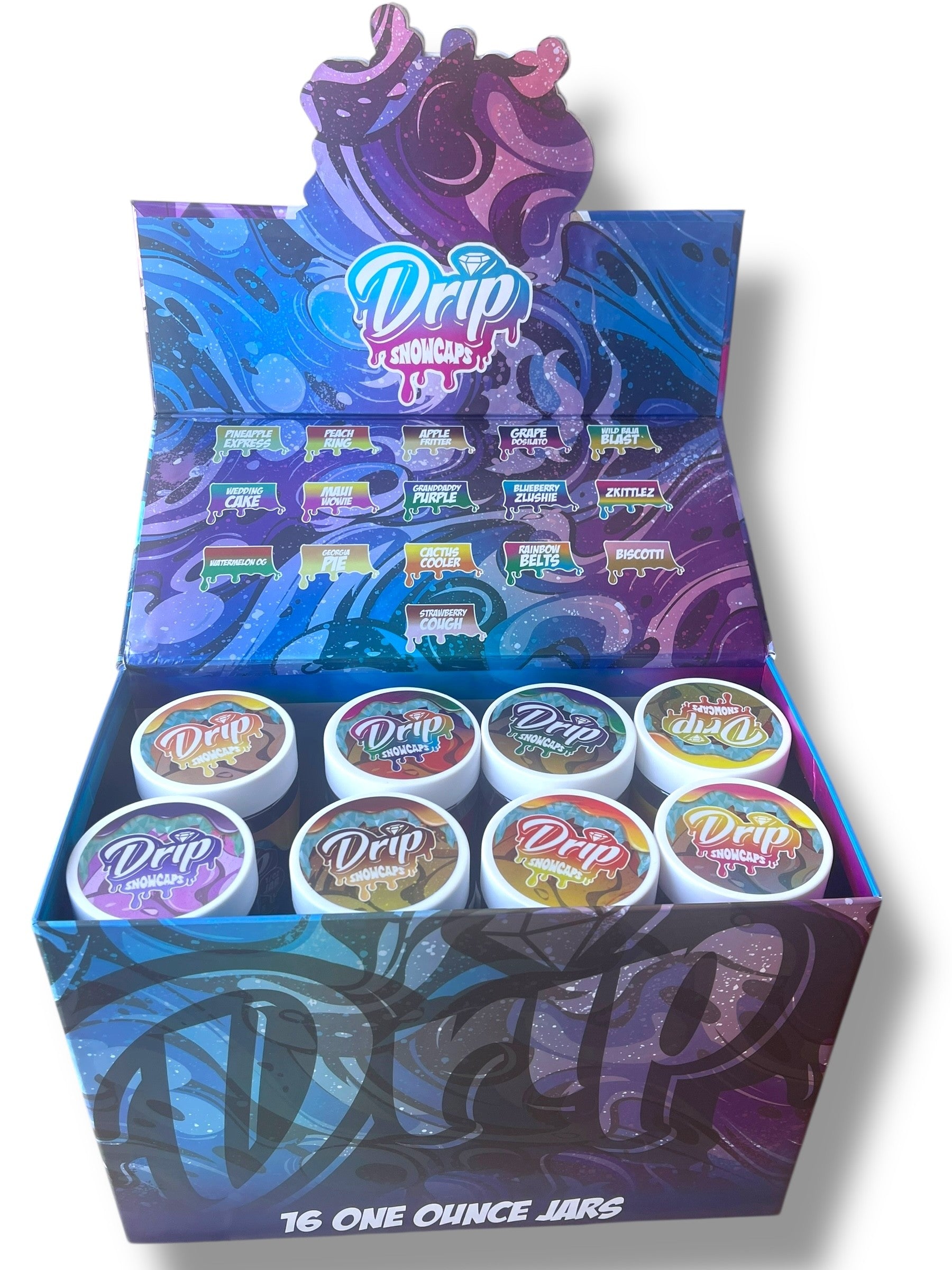 Drip Snowcaps  16-1oz Plastic Jars – Varity Pack 16 Flavors in box 1 pound with outer box