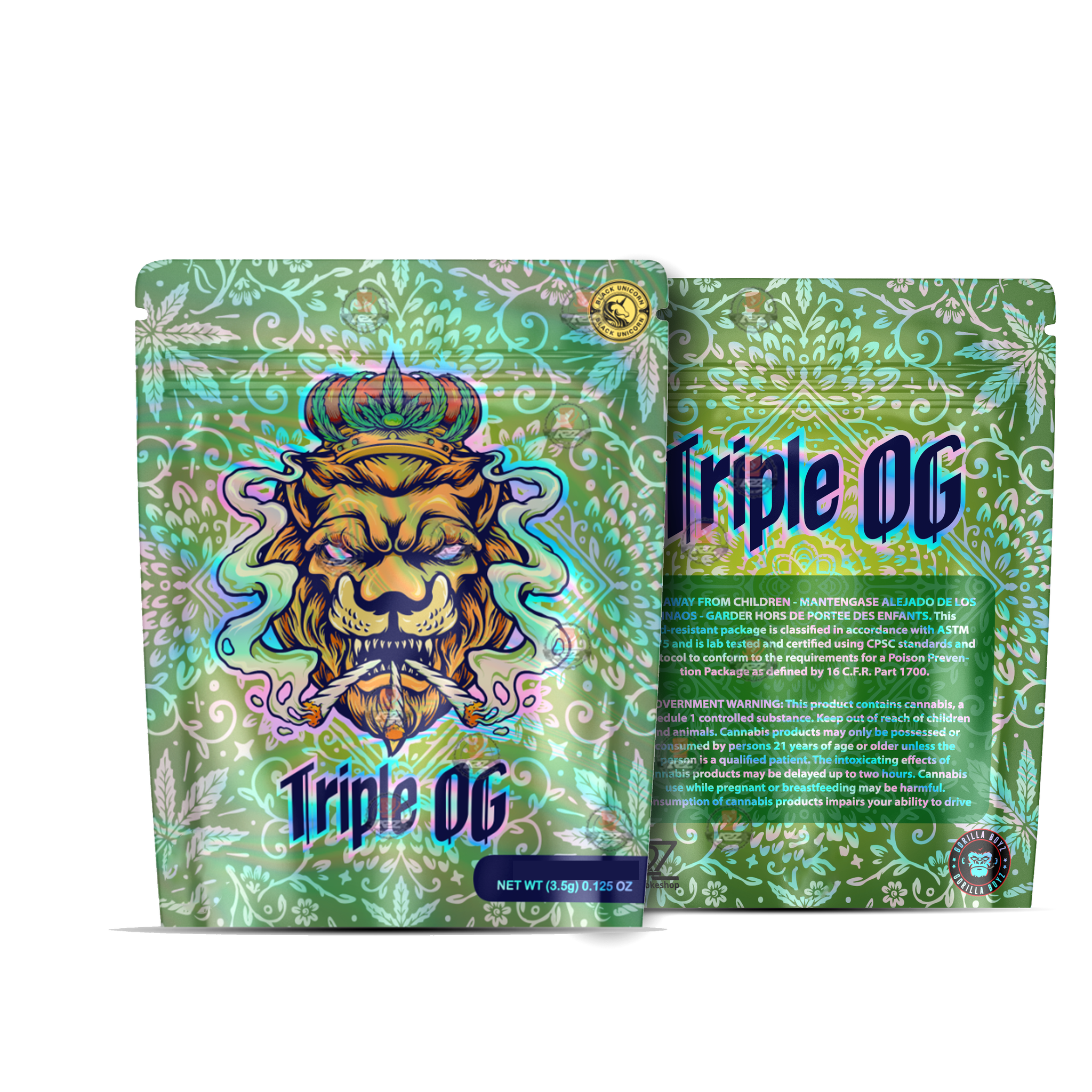 Tripple OG Holographic Mylar bag 3.5g – For Flower- Black Unicorn