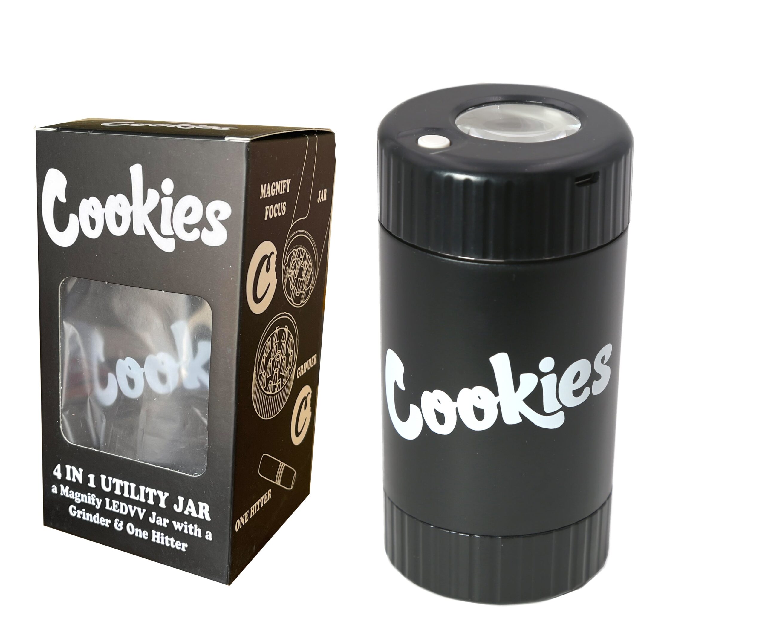 Cookies Mag Jar with Grinder -Airtight storage stash container led magnifying jar (Black)