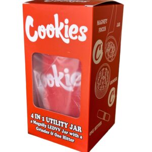 Cookies Mag Jar with Grinder Airtight storage stash container led magnifying jar Red Black Unicorn Hub jpg