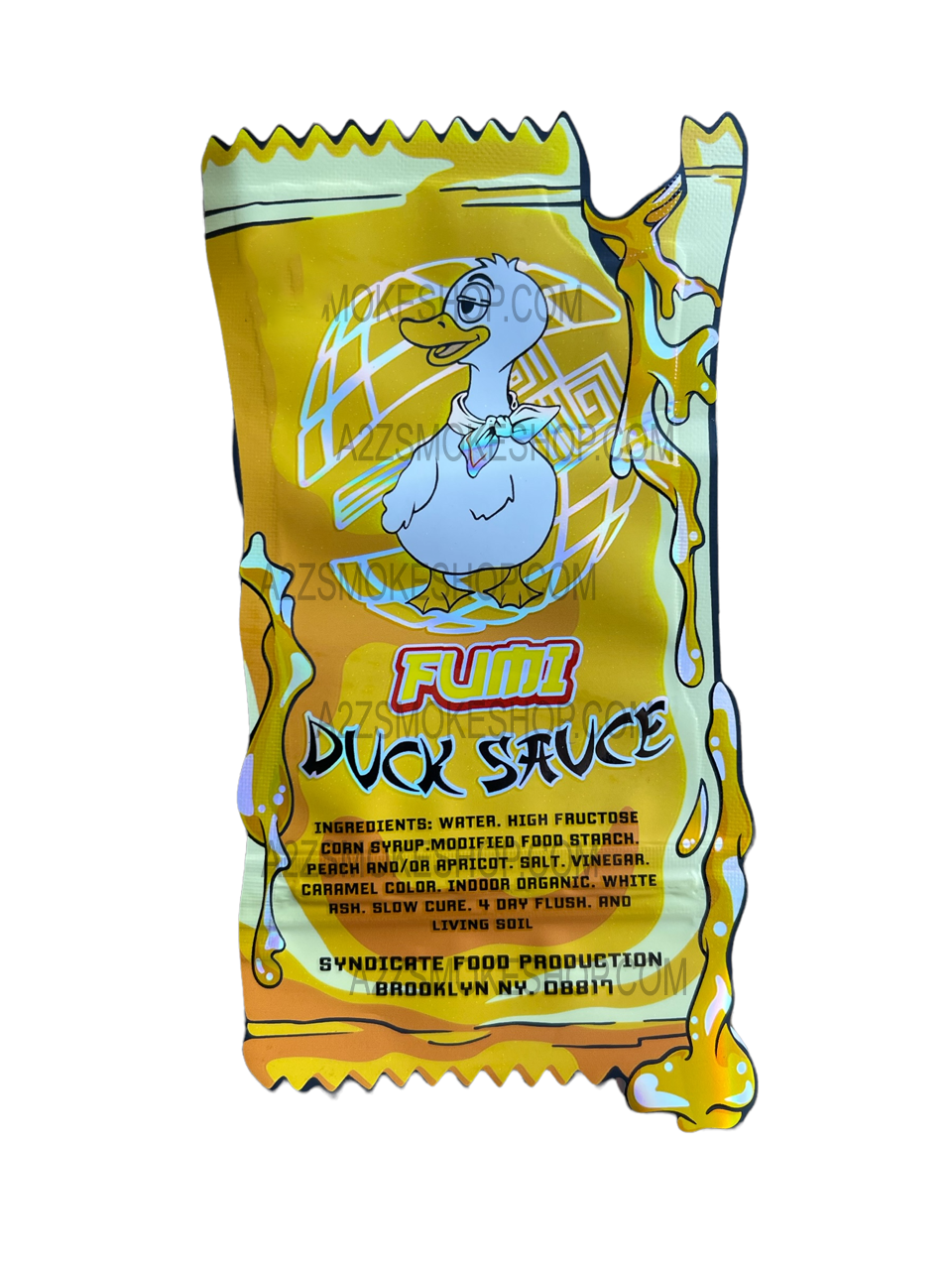 Fumi Duck Sauce cut out Mylar Bags 3.5g Die Cut Holographic Beazy Buds