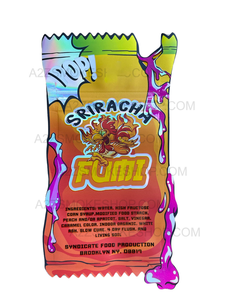 Fumi Sriracha cut out Mylar Bags 3.5g Die Cut Holographic Beazy Buds