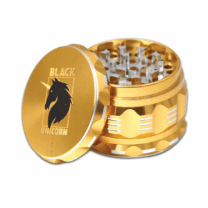 Grinder with Pollen Catcher Large Piece Aluminum Gold Black Unicorn Hub png