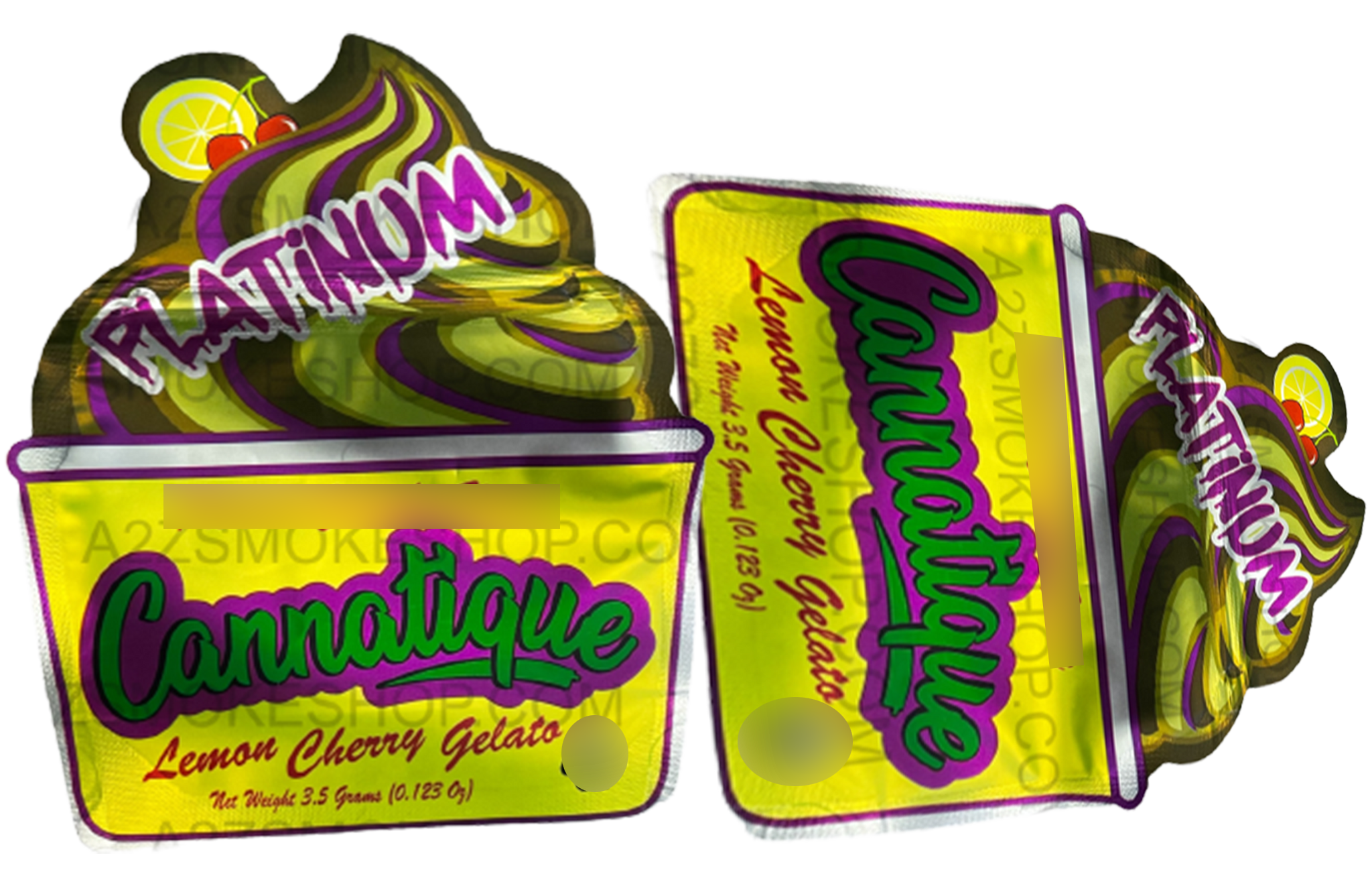Cannatique Lemon Cherry Gelato Holographic cut out Mylar bag 3.5g Smell Proof Airtight Mylar Bag- Packaging Only