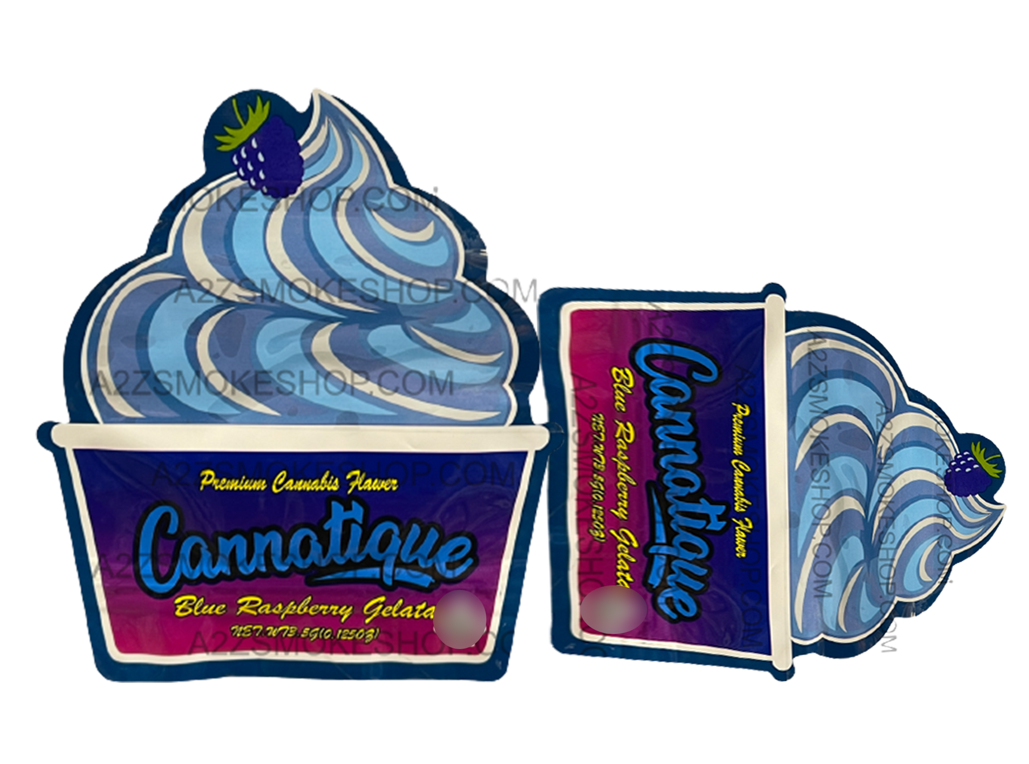 Cannatique Blue Raspberry Gelato Cut Out -Mylar bag 3.5g Smell Proof Airtight Mylar Bag- Packaging Only Die cut