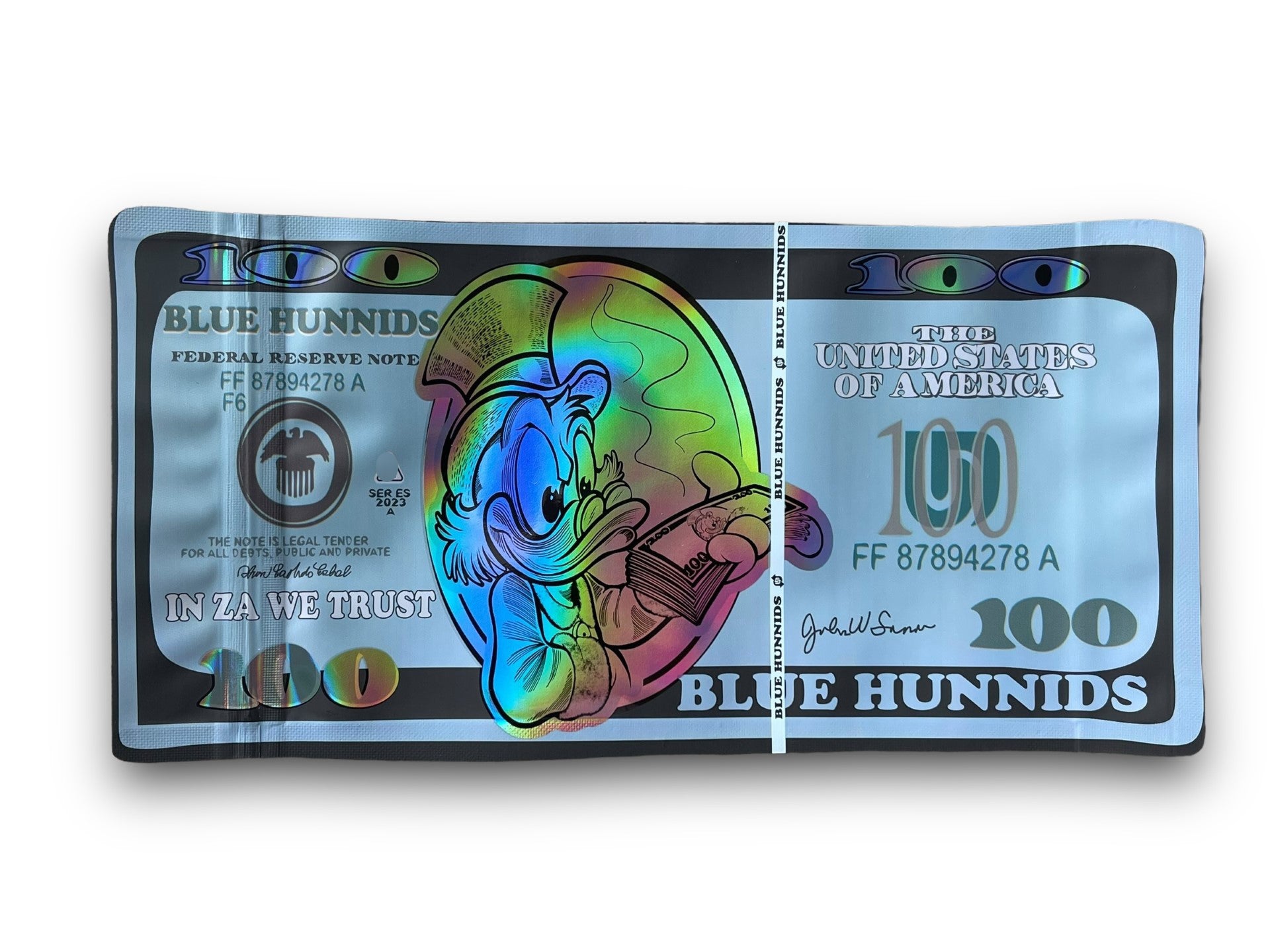 Blue Hunnids Mylar Bag Holographic Upside Down In Za We Trust 100
