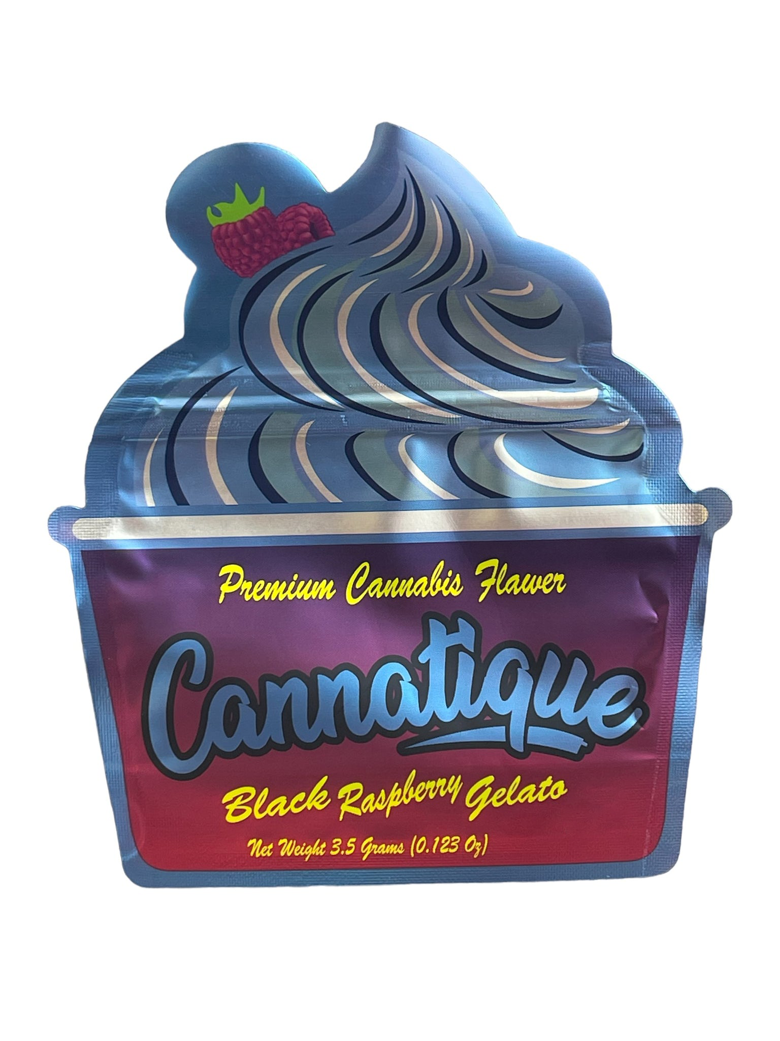 Cannatique Black Raspberry Gelato Cut Out -Mylar bag 3.5g Smell Proof Airtight Mylar Bag- Packaging Only Die cut