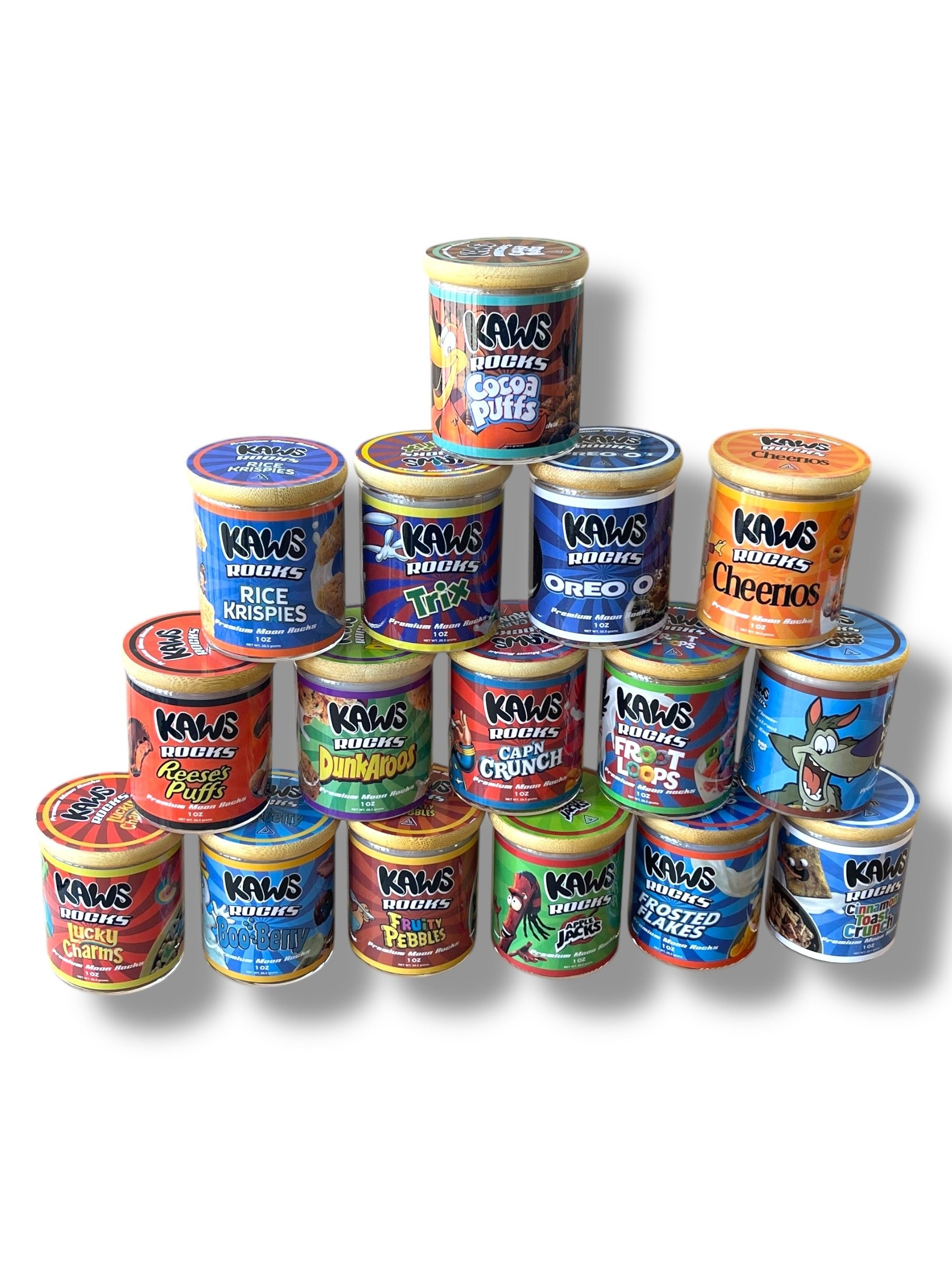 Kawz Moon Rocks Cereal Edition 1oz Glass Jars – Varity Pack 16 Strains in box Empty Jars